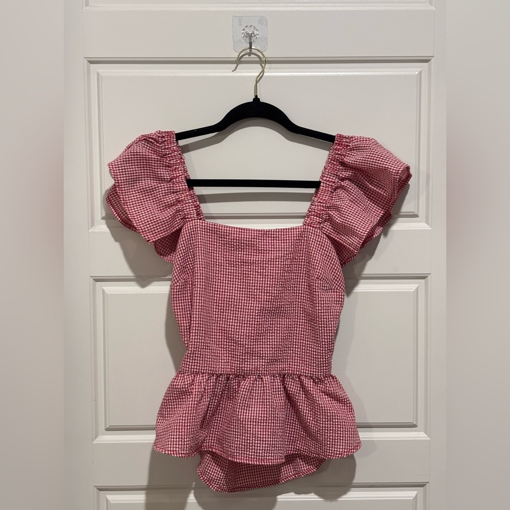 Red Gingham Ruffle Peplum Top – Open Back Tie, Square Neck, Cottage core Style